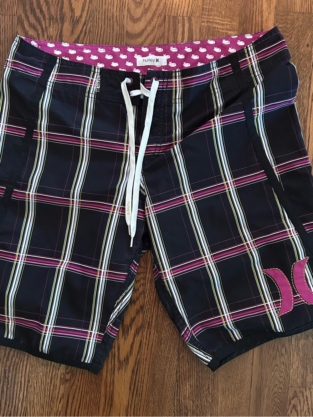 Hurley Women’s Black Plaid Swim Shorts with Pink Accents